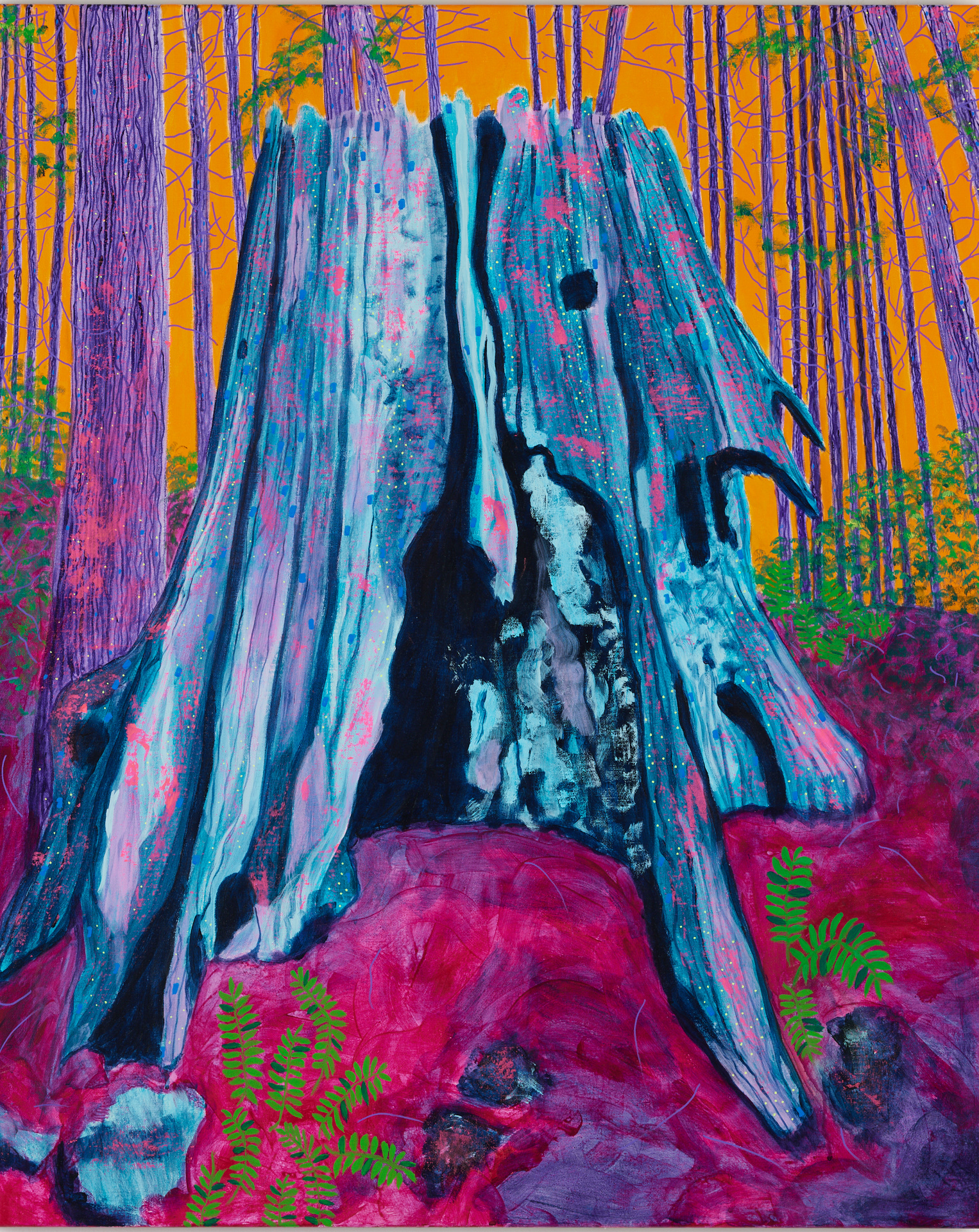emerging artist Holly Truchan's vibrant painting in acrylics of a tree stump