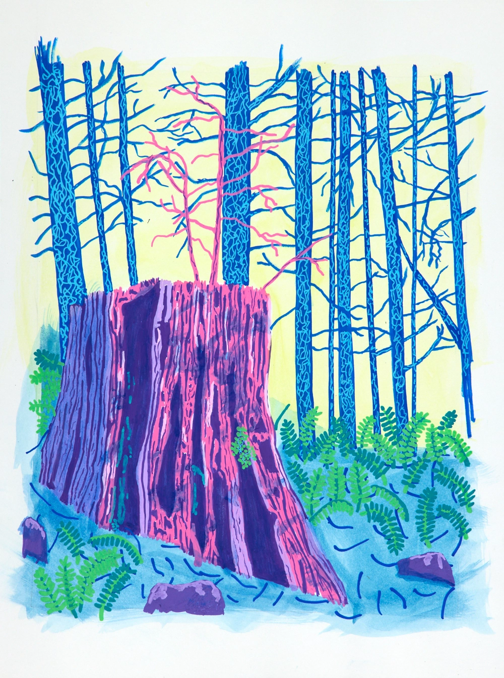 pink tree stump drawing with blue forest in the background