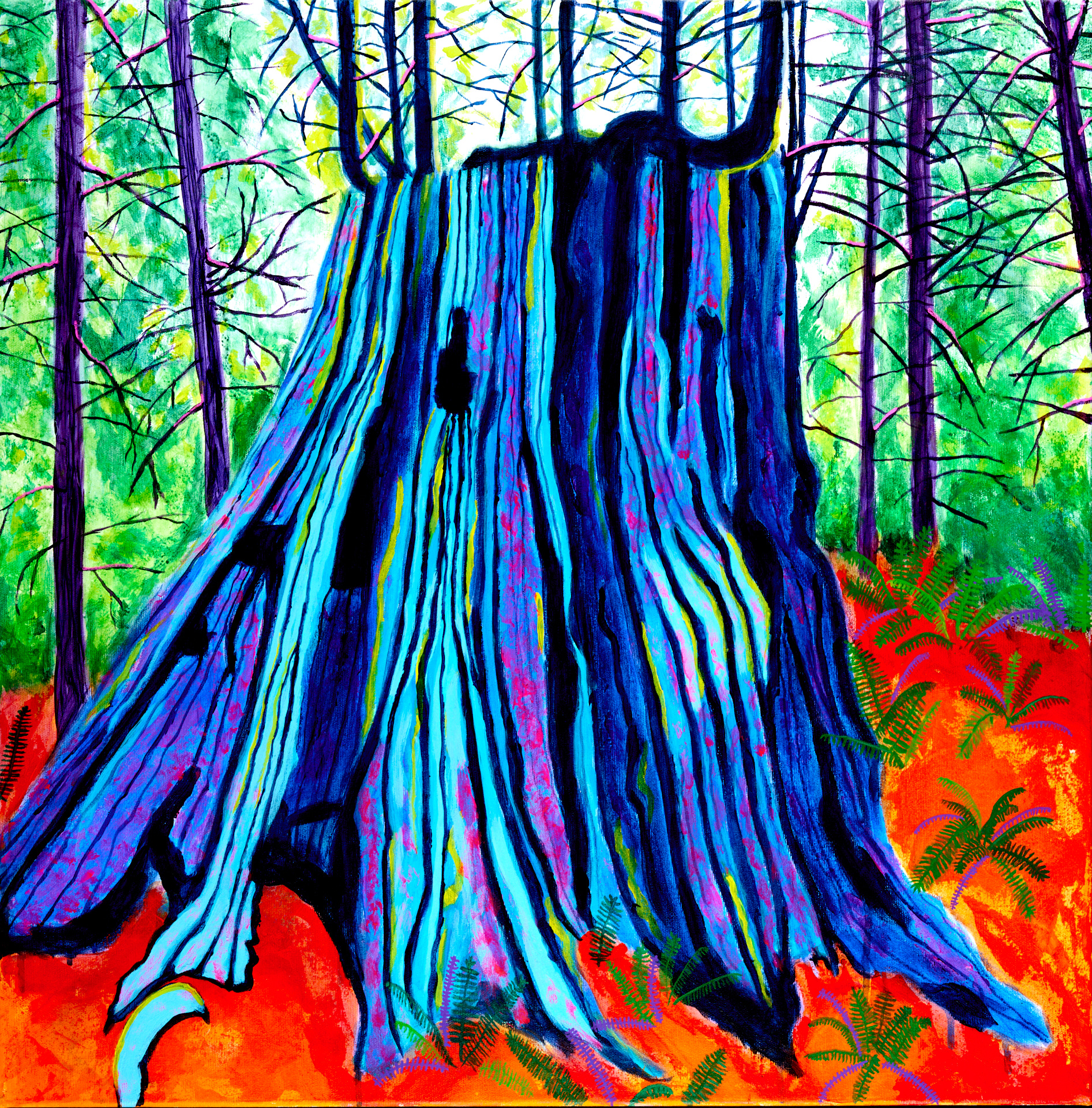 forest landscape painting in vibrant colours featuring a tree stump