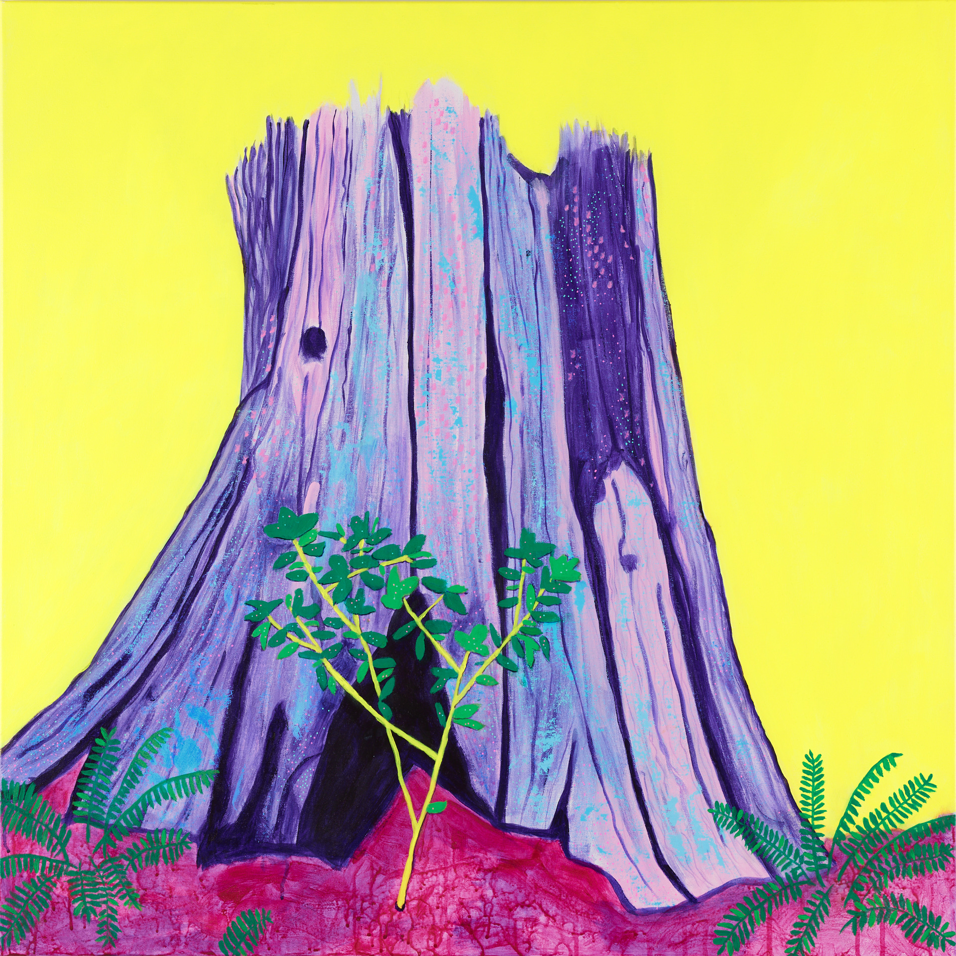 abstracted landscape painting of a purple tree stump with a neon yellow sky
