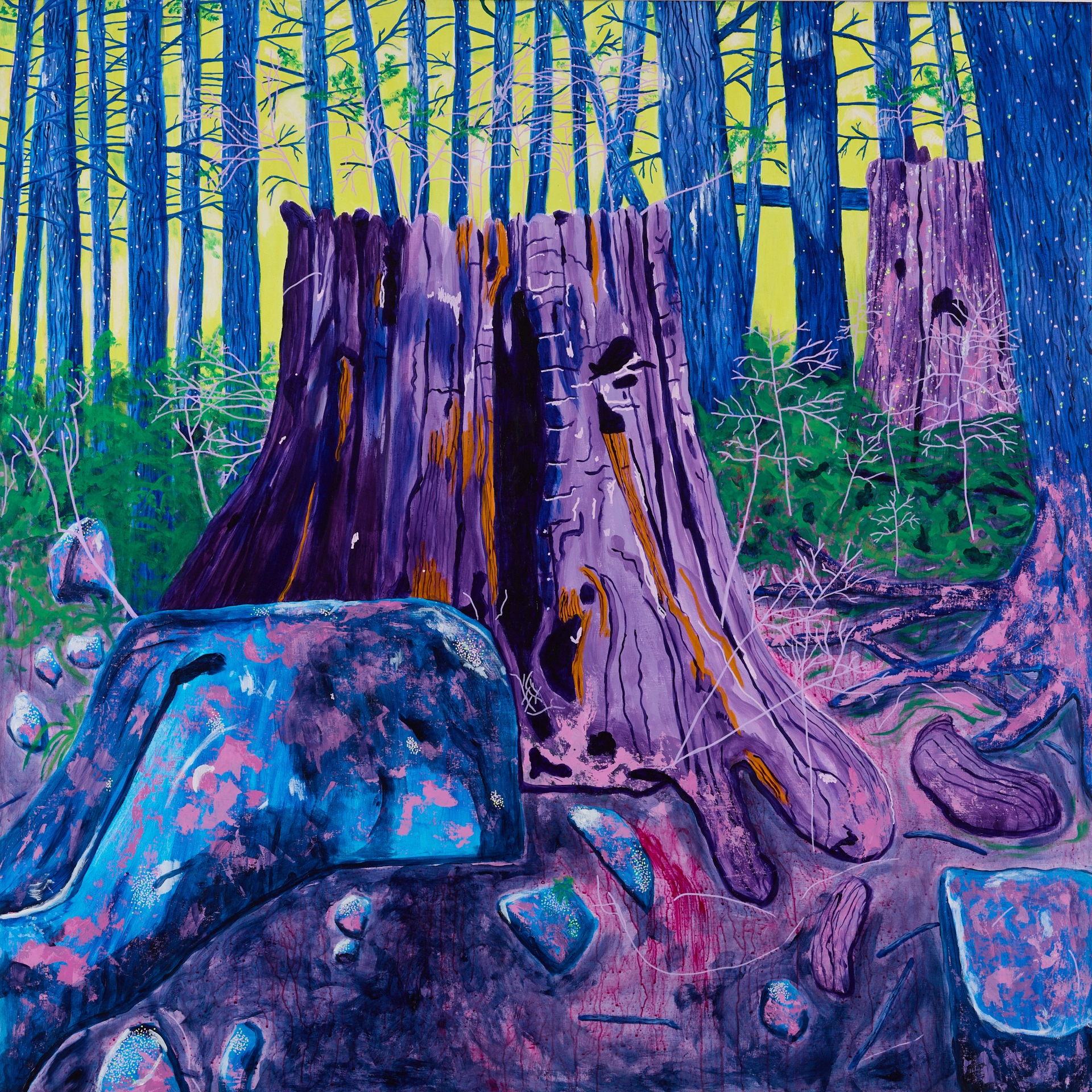 large acrylic painting of abstract landscape featuring tree stump